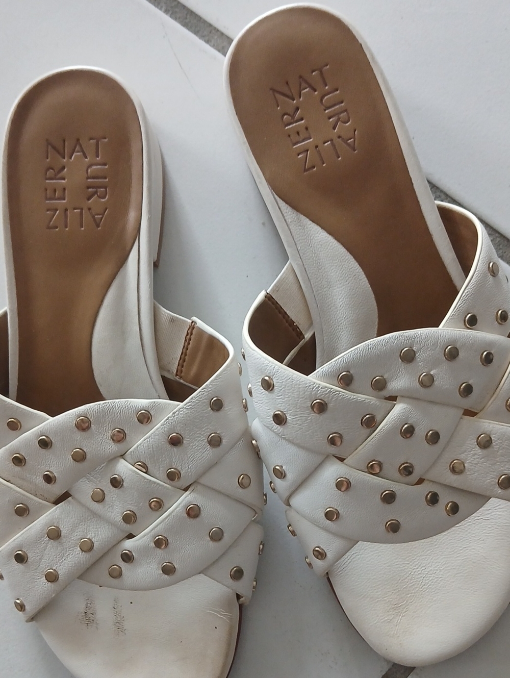 Naturalizer White Braided Stud Slide Sandals